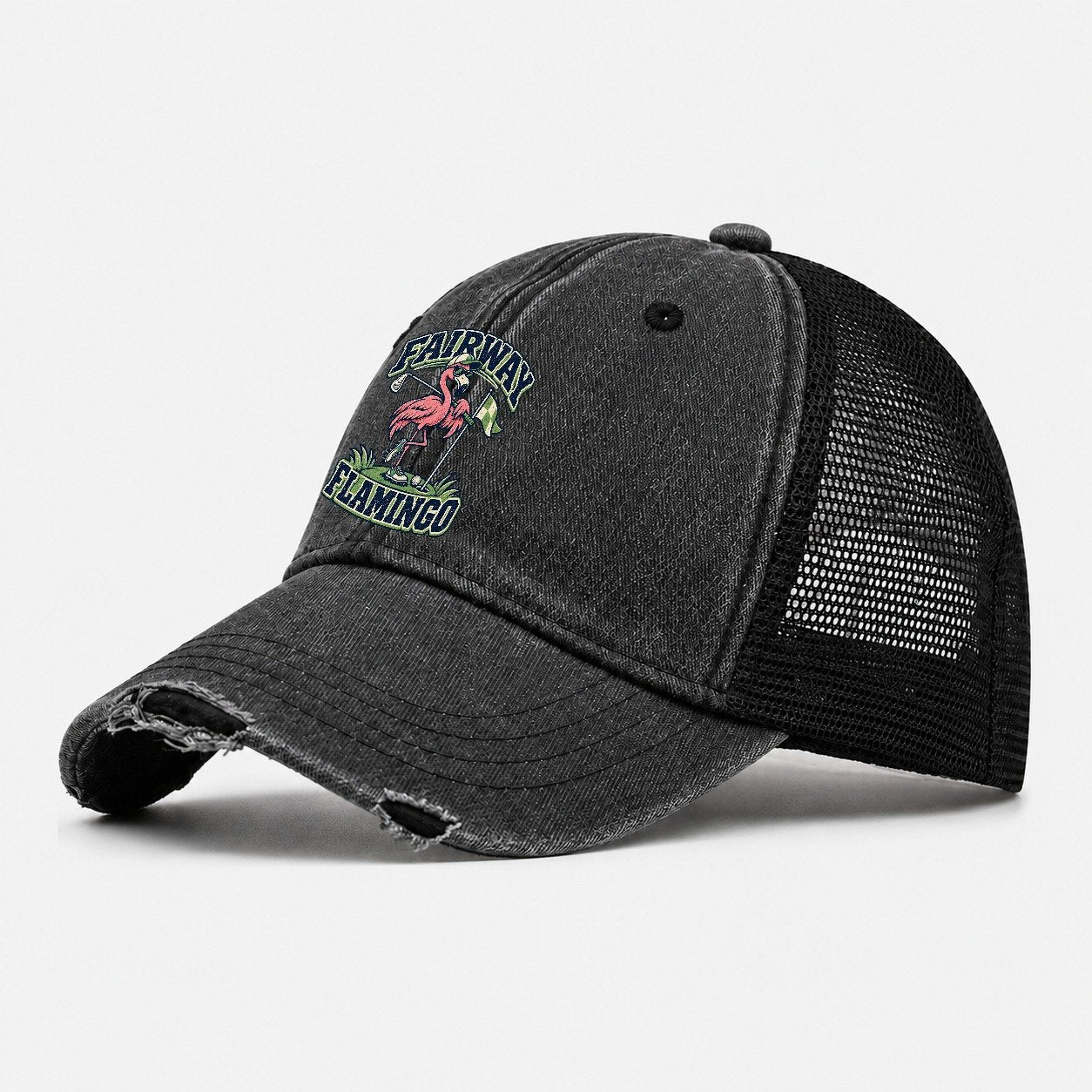 Fairway Flamingo Golf Life Washed Trucker Hat – Black