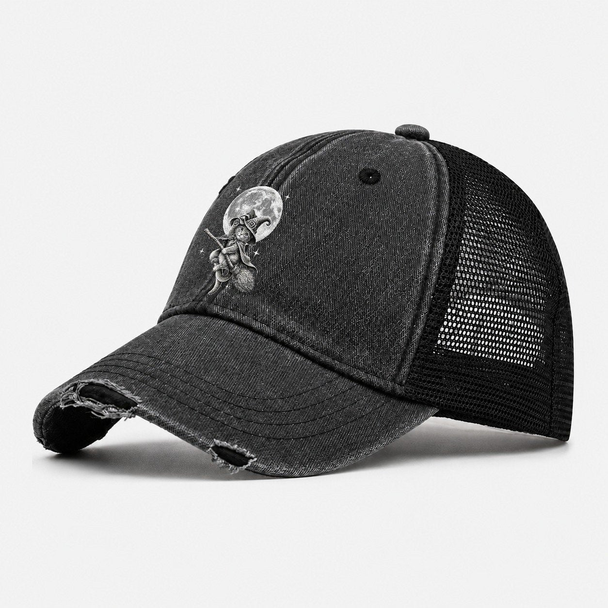 Witch On Broom Washed Trucker Hat – Black