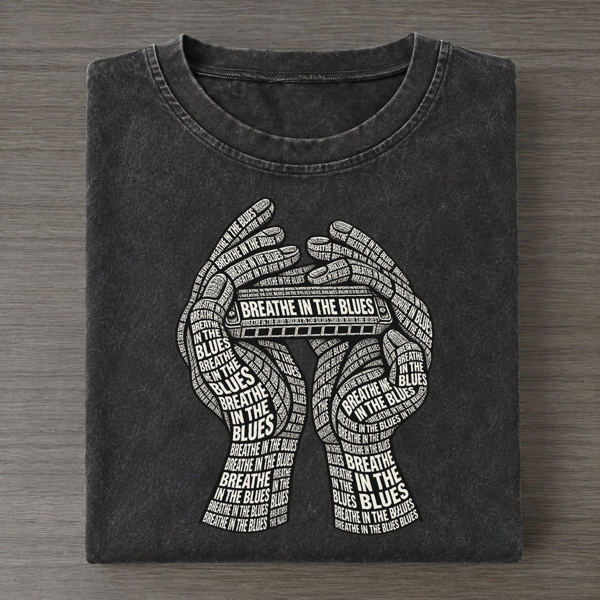 Blues Harp Hands Phrase Silhouette Vintage T-shirt – Black