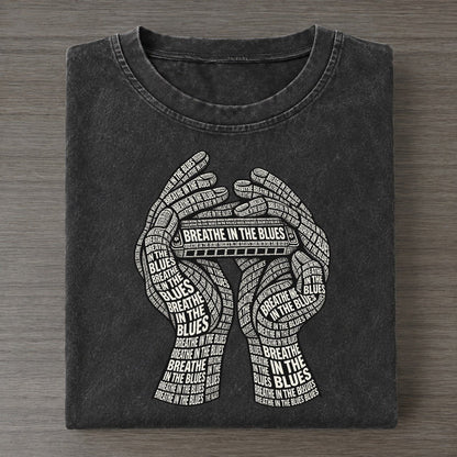 Blues Harp Hands Phrase Silhouette Vintage T-shirt – Black