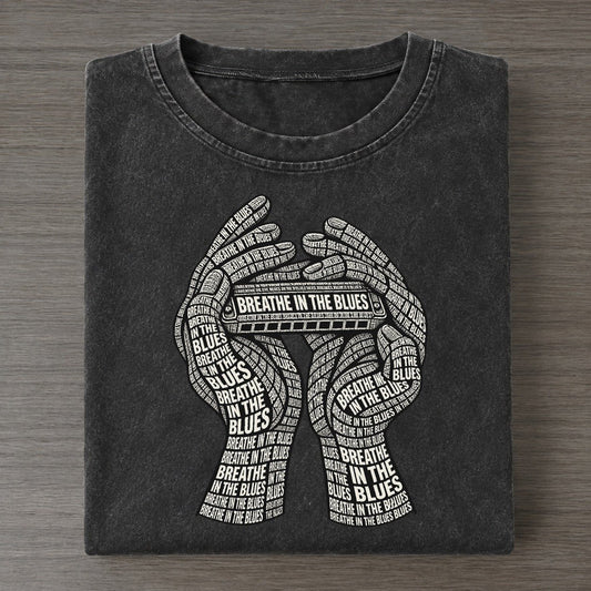 Blues Harp Hands Phrase Silhouette Vintage T-shirt – Black