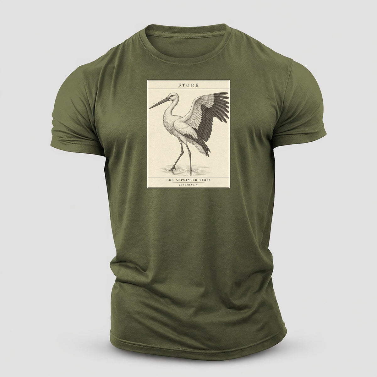 Stork Specimen Plate Creature Canticle Cotton T-Shirt – Army Green