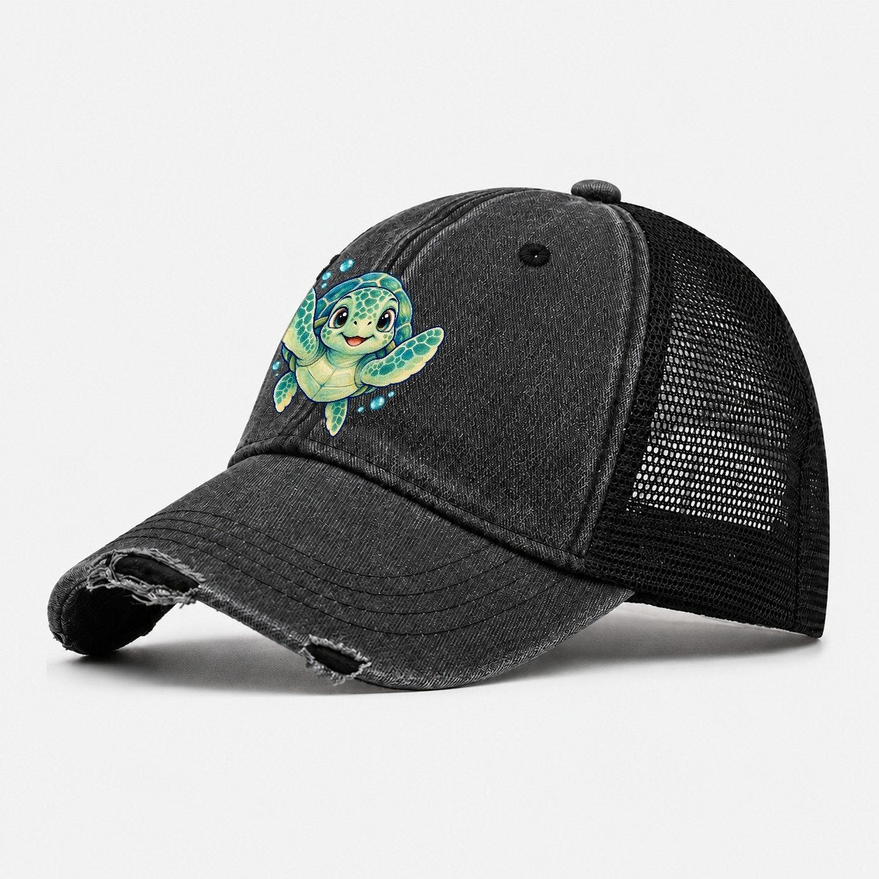 Sea Turtle Front Paddle Sea Sprite Washed Trucker Hat – Black