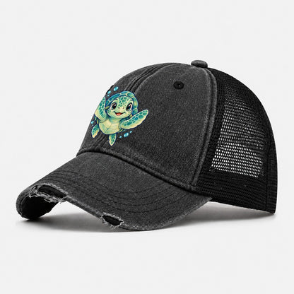 Sea Turtle Front Paddle Sea Sprite Washed Trucker Hat – Black