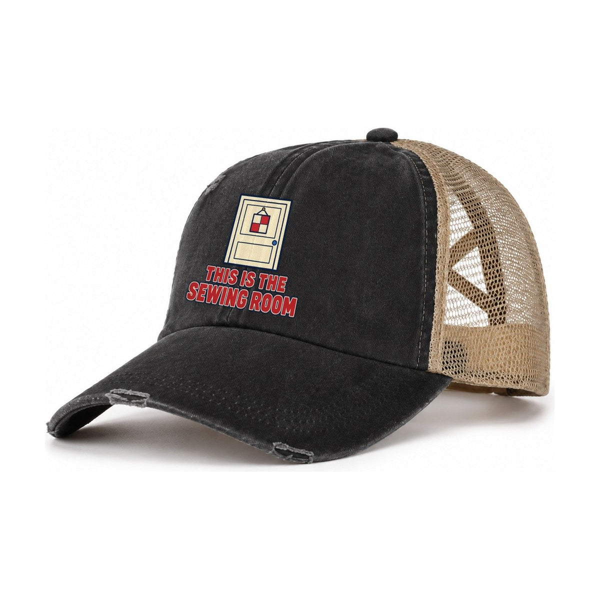 This Is The Sewing Room Sewing And Quilting Women's Ponytail Trucker Hat – Washed Black Khaki