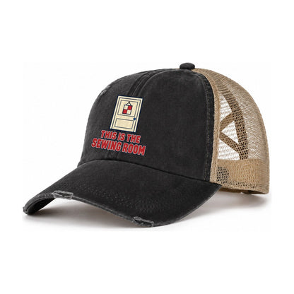 This Is The Sewing Room Sewing And Quilting Women's Ponytail Trucker Hat – Washed Black Khaki