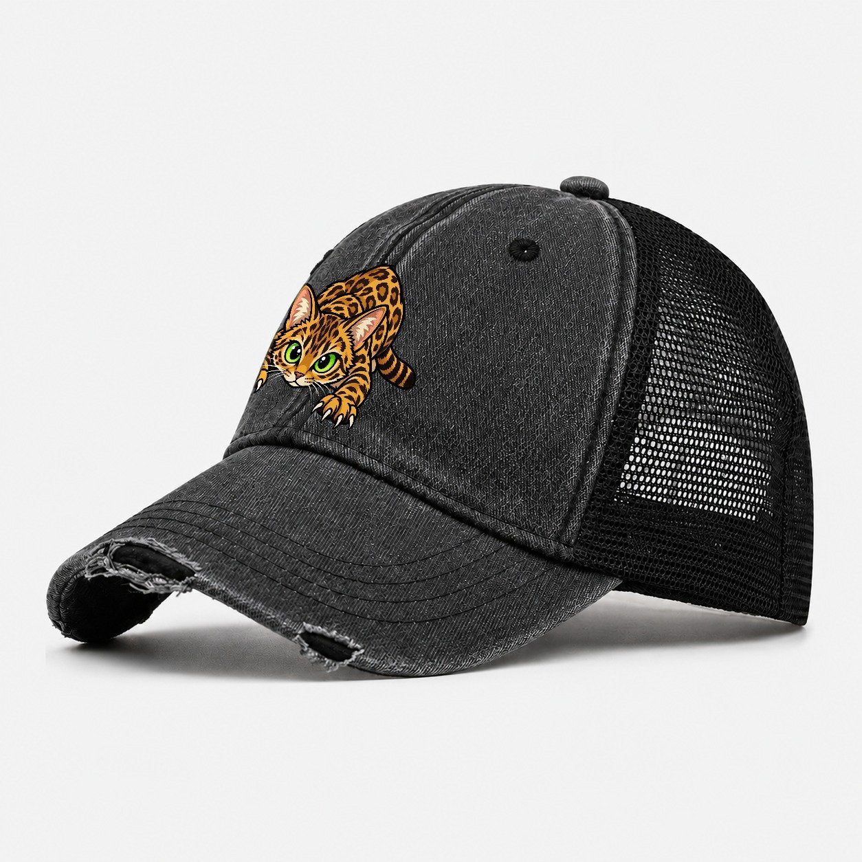 Bengal Crouching Peeking Cats Washed Trucker Hat – Black