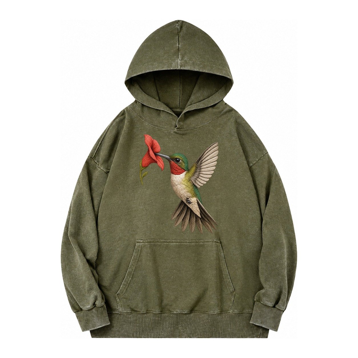 Hummingbird Harmony Vintage Washed Hoodie – Army Green