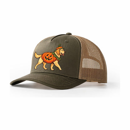 One Labrador Retriever In Halloween Costume Jack O Lantern Pumpkin Costume With Carved Smile Halloween Dog Parade Trucker Hat – Olive Khaki
