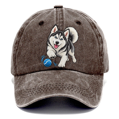 Blue-Eyed Husky Chasing Ball Classic Cap – Brown