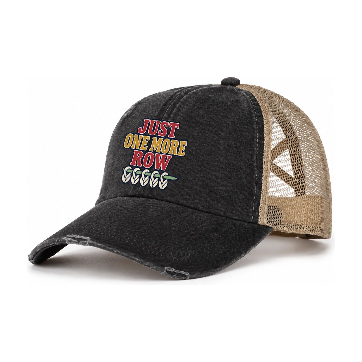 Just One More Row Yarn Crafts Women's Ponytail Trucker Hat – Washed Black Khaki