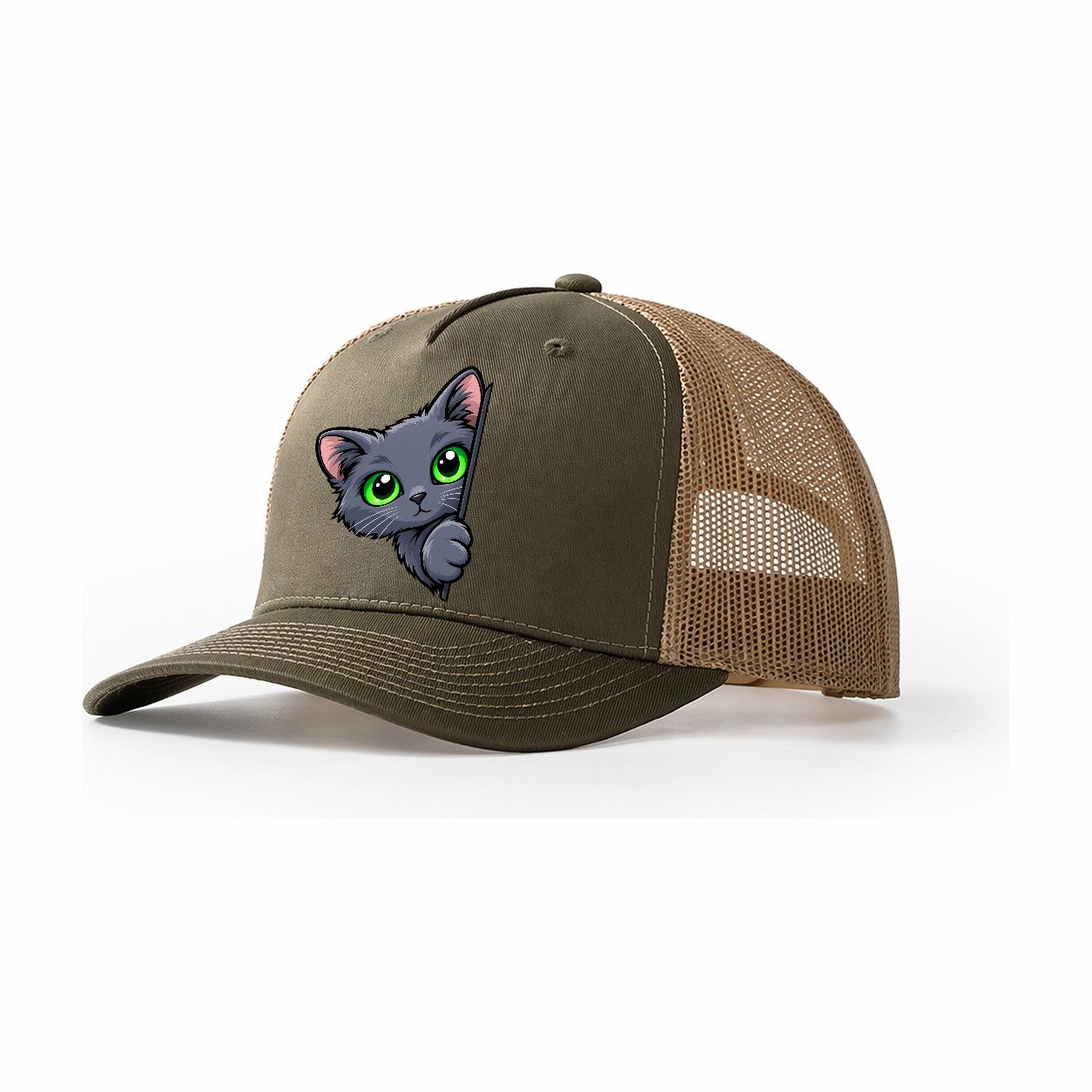 Russian Blue Side Peek Peeking Cats Trucker Hat – Olive Khaki