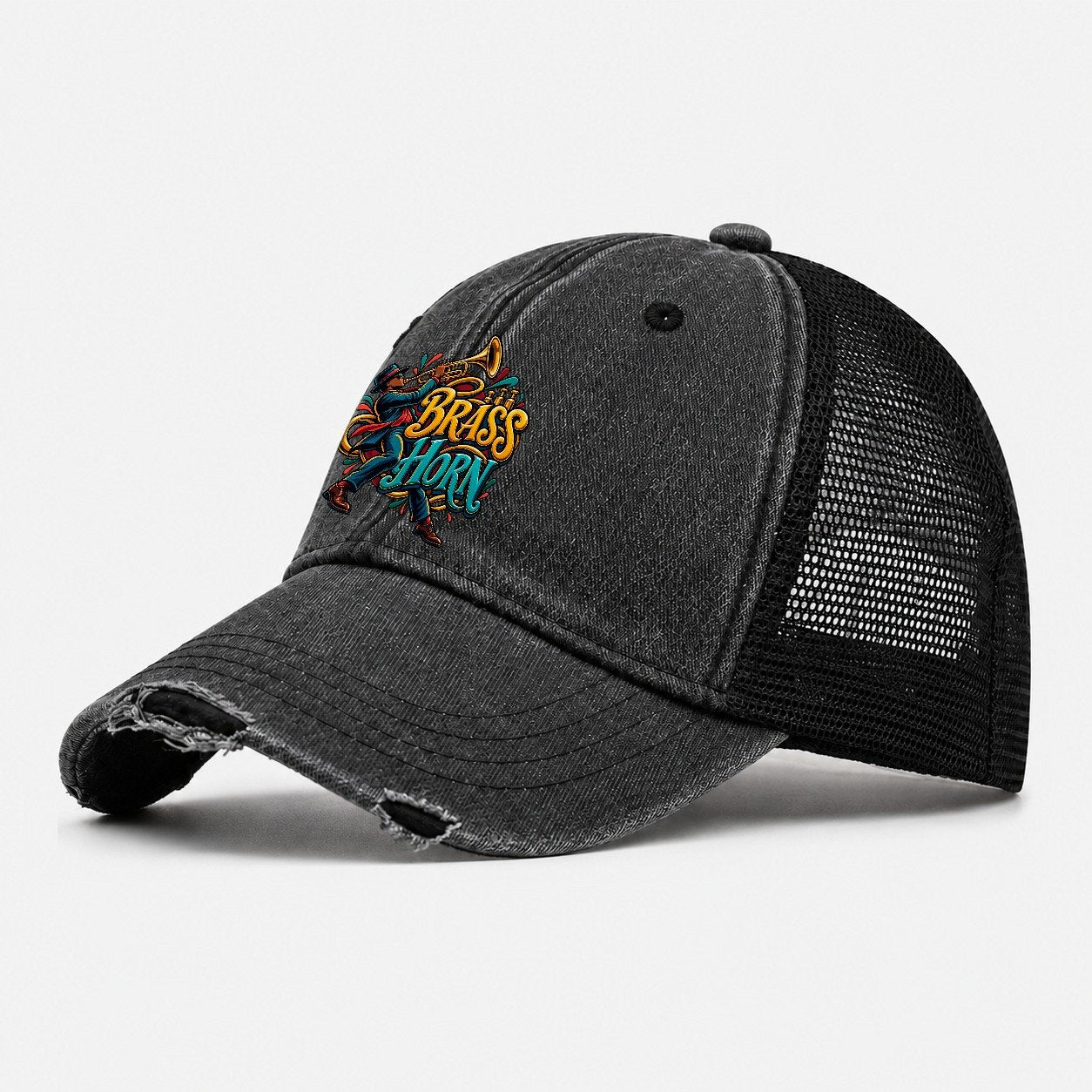 Brass Horn Wordmark Music Instruments Washed Trucker Hat – Black