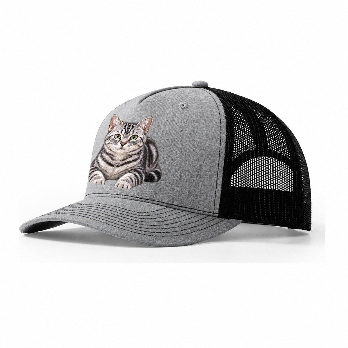 American Shorthair Reclining Paws Forward Realistic Cat Portrait Trucker Hat – Sport Grey Black