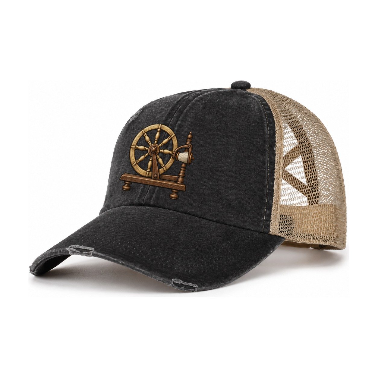 Heritage Spinning Wheel Yarn Crafts Women's Ponytail Trucker Hat – Washed Black Khaki