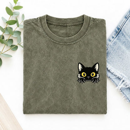 Yellow Eyed Black Cat Left Chest Vintage T-shirt – Army Green