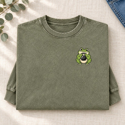 Kettlebell Frog Left Chest Washed Long Sleeve T-Shirt – Army Green