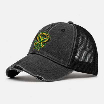 Jamaica Retro Badge Country Logos Washed Trucker Hat – Black