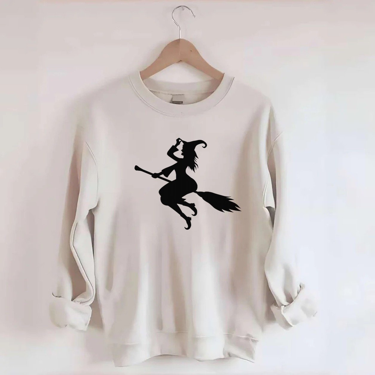 Enchanting Witch On Broom Hat Limited Edition Crewneck Sweatshirt – Biege