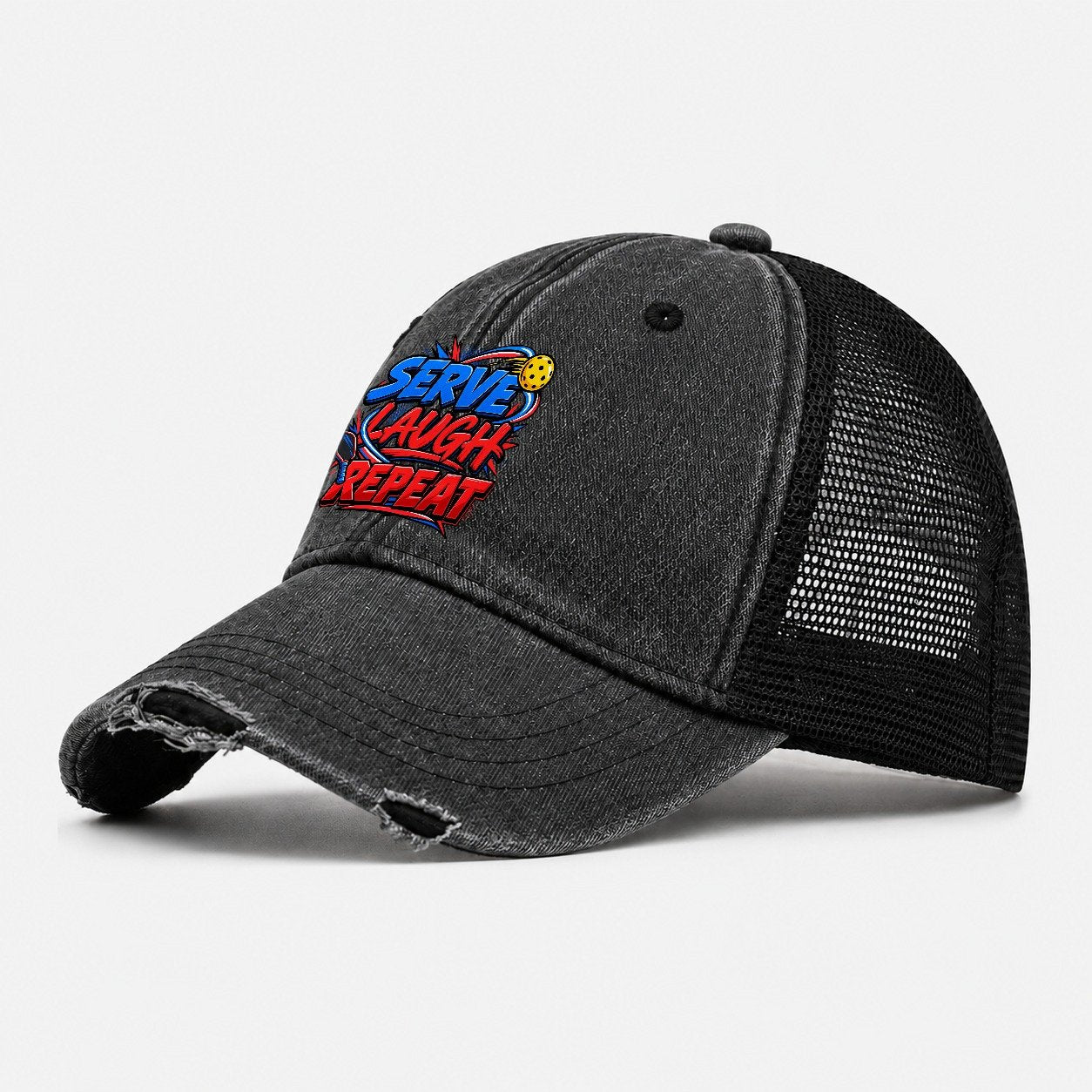 Serve Laugh Repeat Pickleball Life Washed Trucker Hat – Black