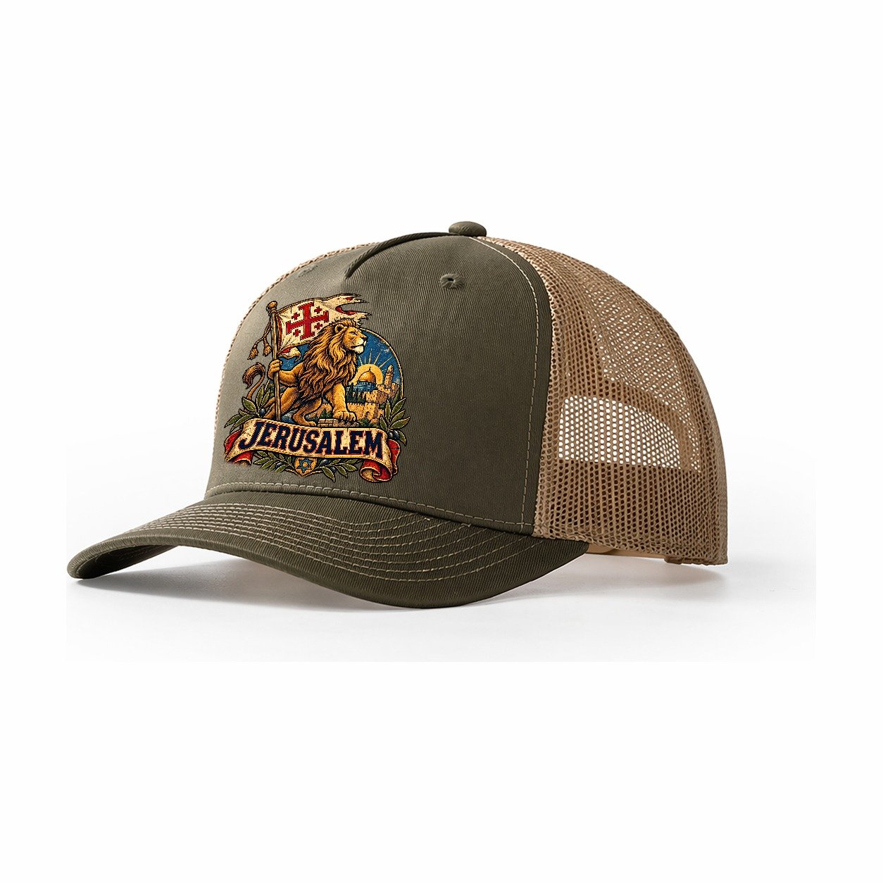 Lion With Jerusalem Banner Jerusalem Trucker Hat – Olive Khaki