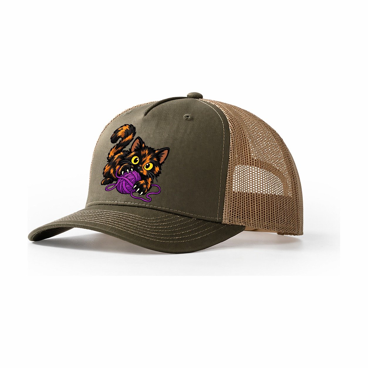 Tortoiseshell Playing Yarn Peeking Cats Trucker Hat – Olive Khaki