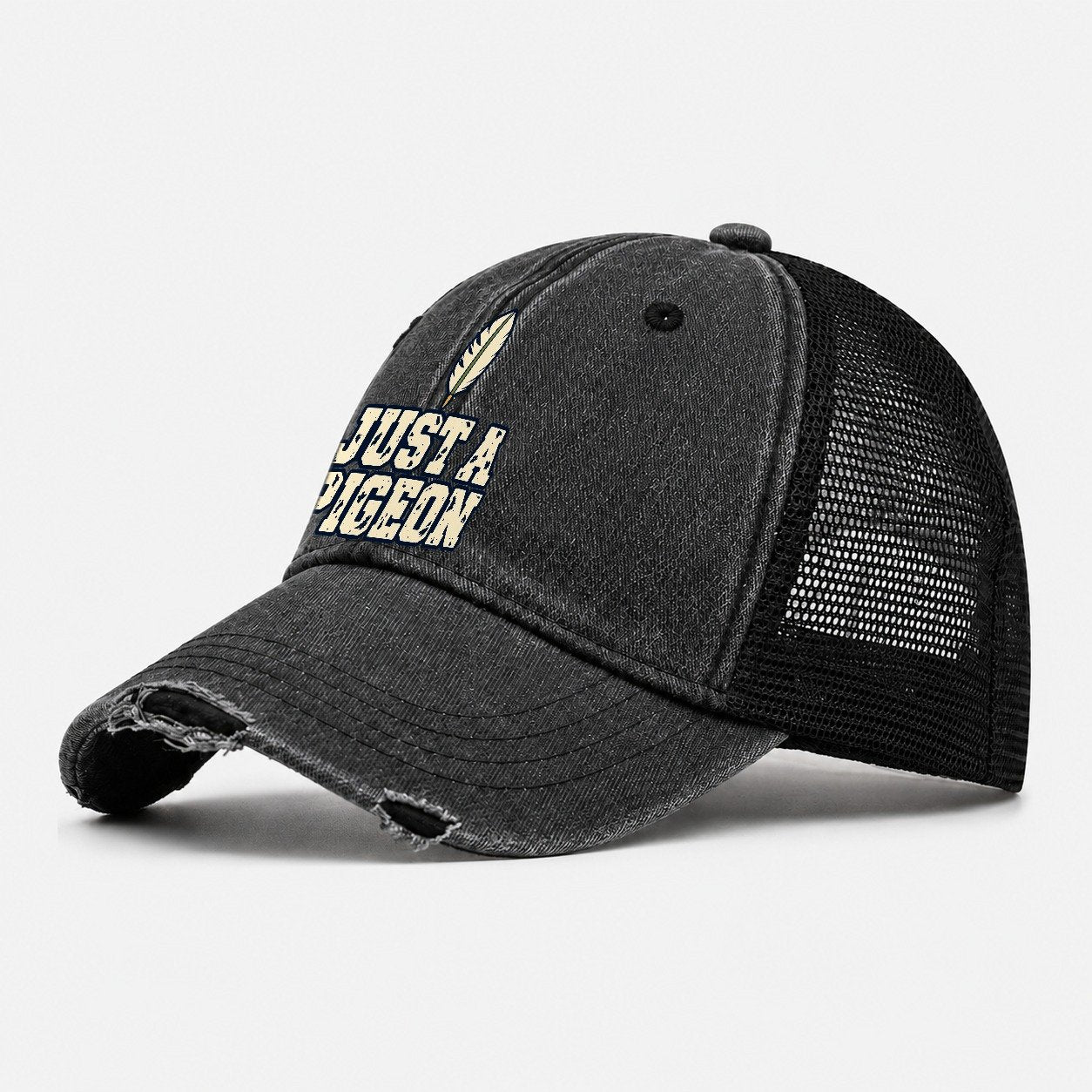 Just A Pigeon Birdwatching Washed Trucker Hat – Black