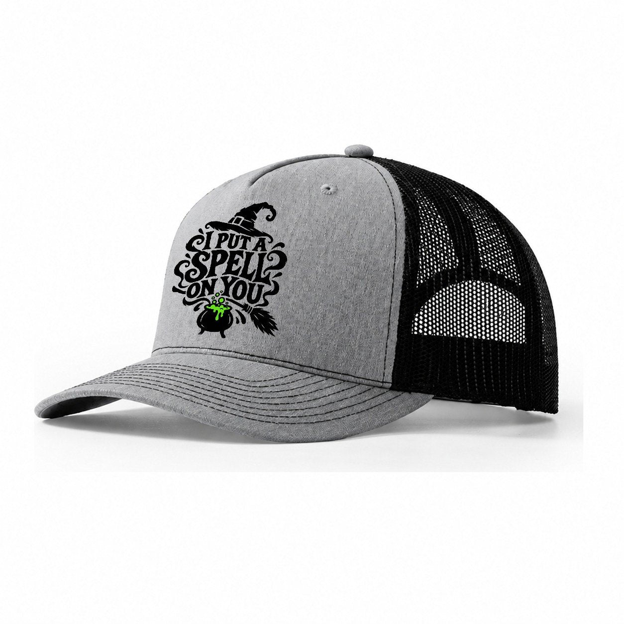 I Put A Spell On You Slogan Witch Magic Trucker Hat – Sport Grey Black