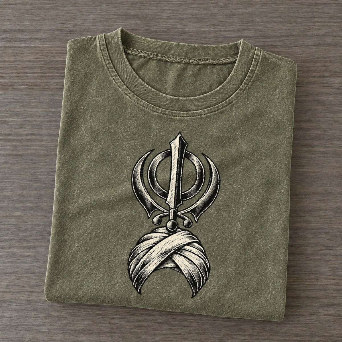 Sikh Khanda And Turban Wrap World Faiths Ink Figures Vintage T-shirt – Army Green