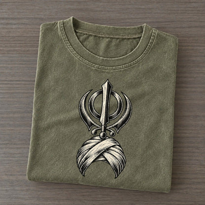 Sikh Khanda And Turban Wrap World Faiths Ink Figures Vintage T-shirt – Army Green