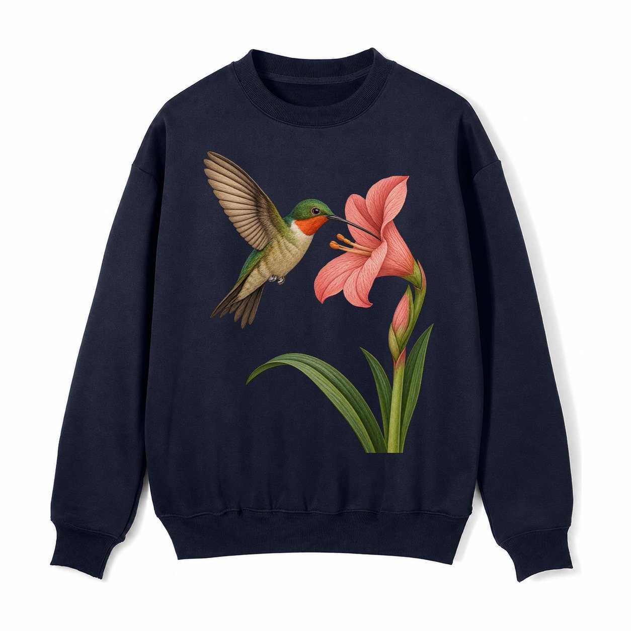 Hummingbird Haven Fleece Sweatshirt – Navy Blue