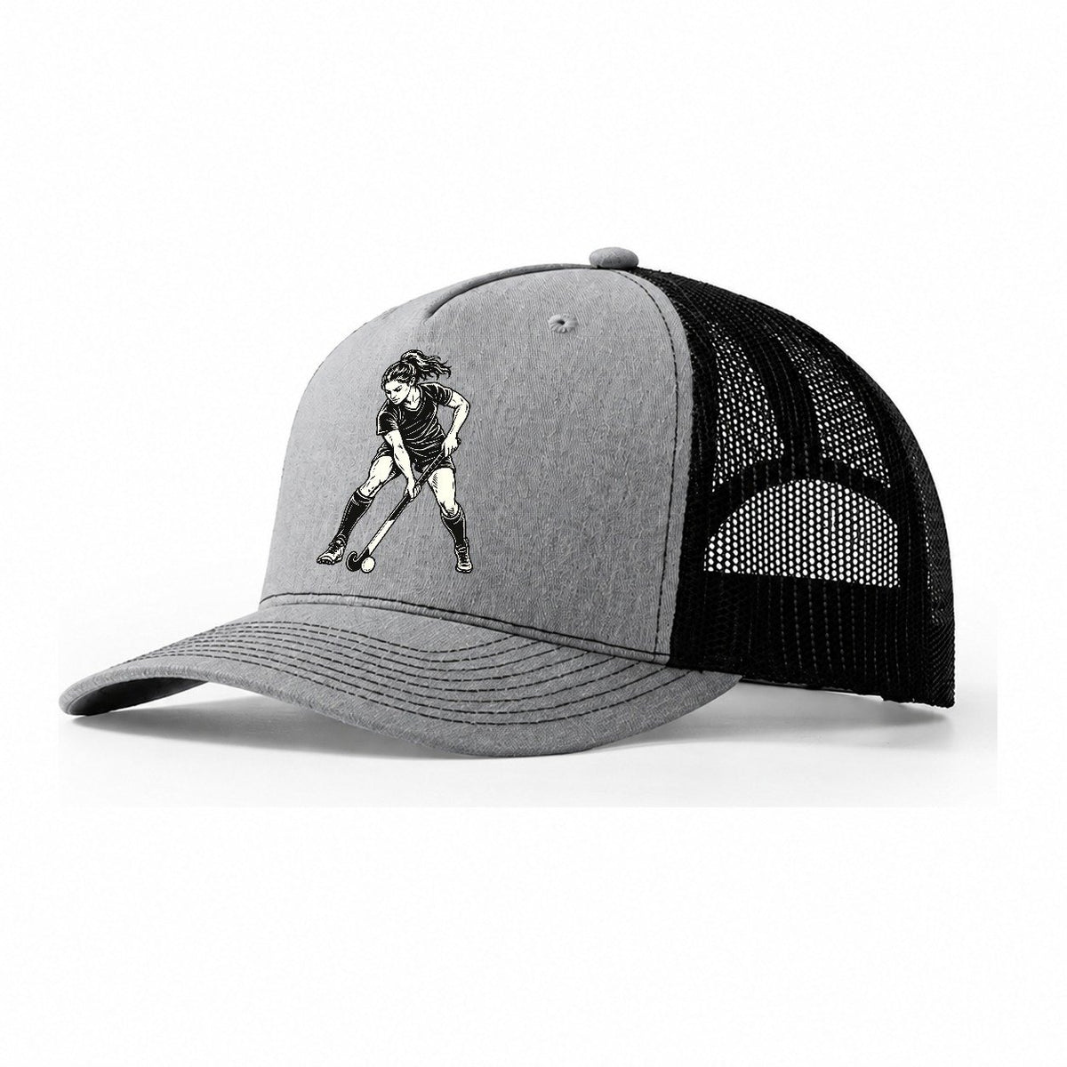 Field Hockey Close Dribble Global Sports Ink Figures Trucker Hat – Sport Grey Black