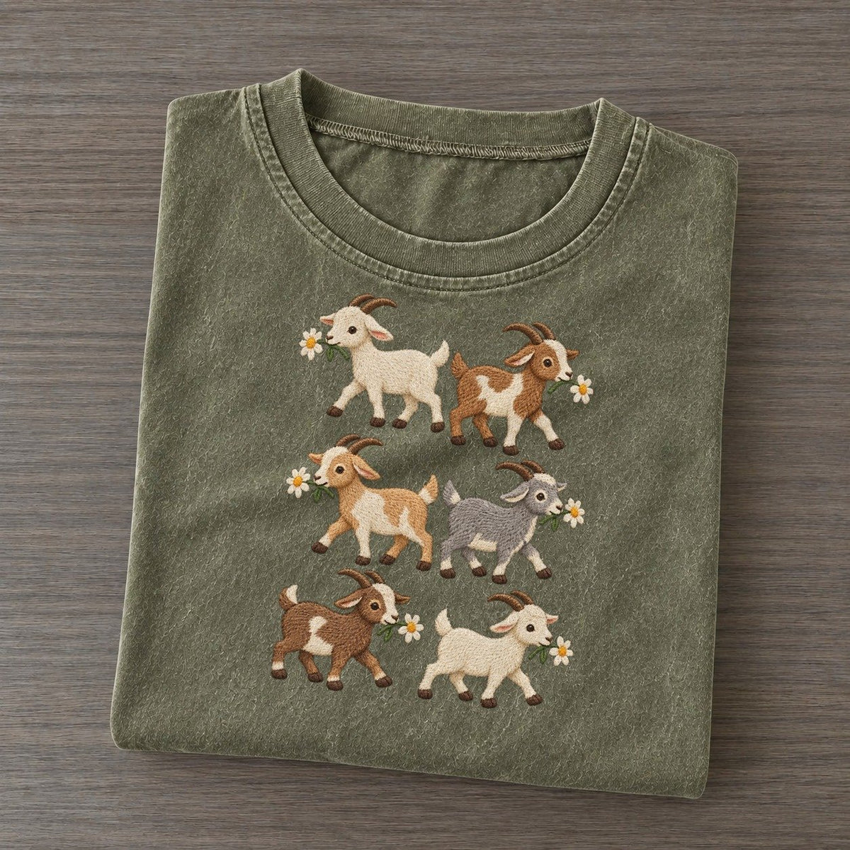 Goats With Daisies Single File Vintage T-shirt – Army Green