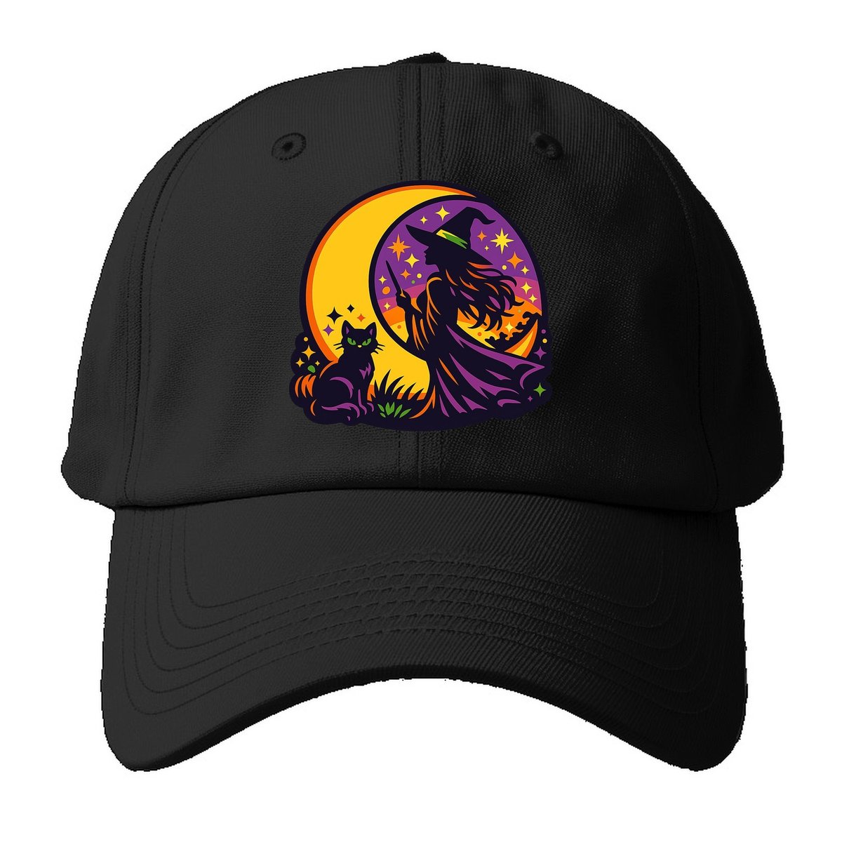 Moonlit Witch Cat Baseball Cap – Black