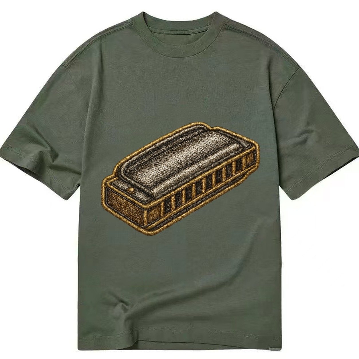 Harmonica Blues Harp With Chrome Covers Classic T-shirt – Army Green