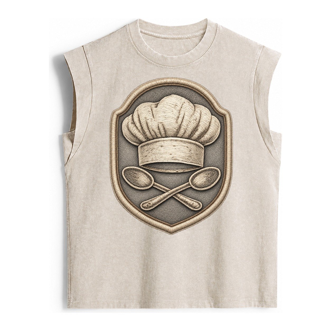 Cooking Chef Hat Toque Blanche With Crossed Spoons In Vintage Washed Tank – Beige