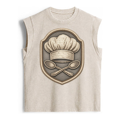 Cooking Chef Hat Toque Blanche With Crossed Spoons In Vintage Washed Tank – Beige