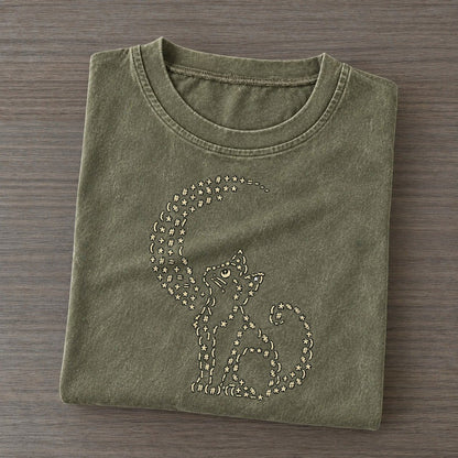 Midnight Cat Crescent Vintage T-shirt – Army Green