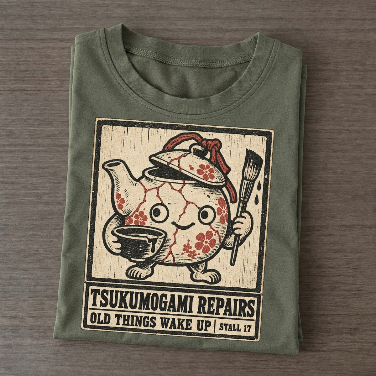 Tsukumogami Repairs Yokai Night Market Classic T-shirt – Army Green