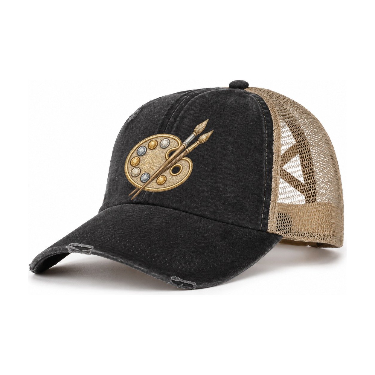 Artist Palette Women's Ponytail Trucker Hat – Washed Black Khaki