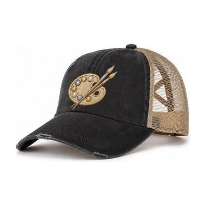 Artist Palette Women's Ponytail Trucker Hat – Washed Black Khaki