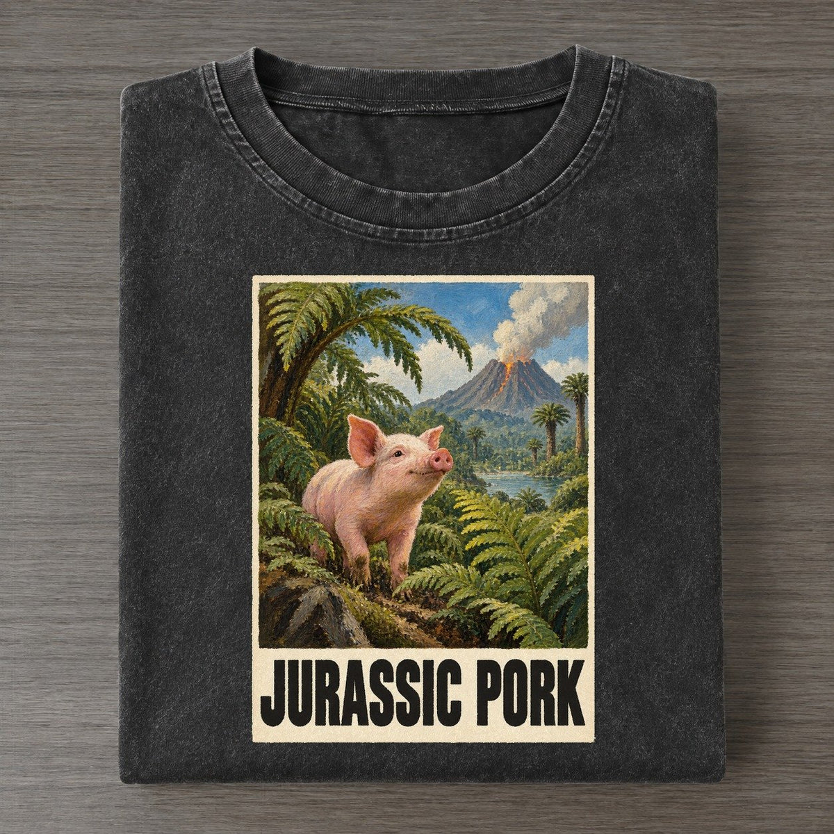 Jurassic Pork Painted Pop Culture Pun Vintage T-shirt – Black