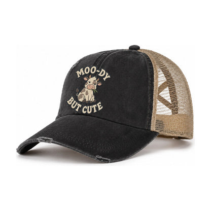 Cow Animal Puns Women's Ponytail Trucker Hat – Washed Black Khaki