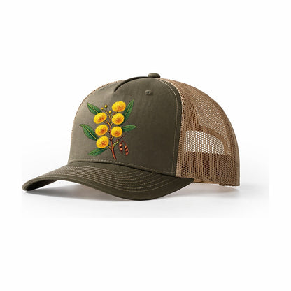 Golden Wattle Flowering Sprig Australia Cultural Icons Trucker Hat – Olive Khaki
