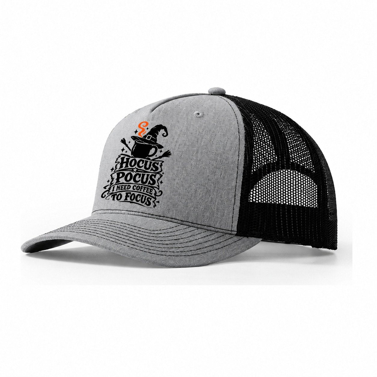 Hocus Pocus I Need Coffee To Focus Slogan Witch Magic Trucker Hat – Sport Grey Black