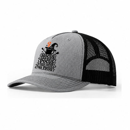 Hocus Pocus I Need Coffee To Focus Slogan Witch Magic Trucker Hat – Sport Grey Black