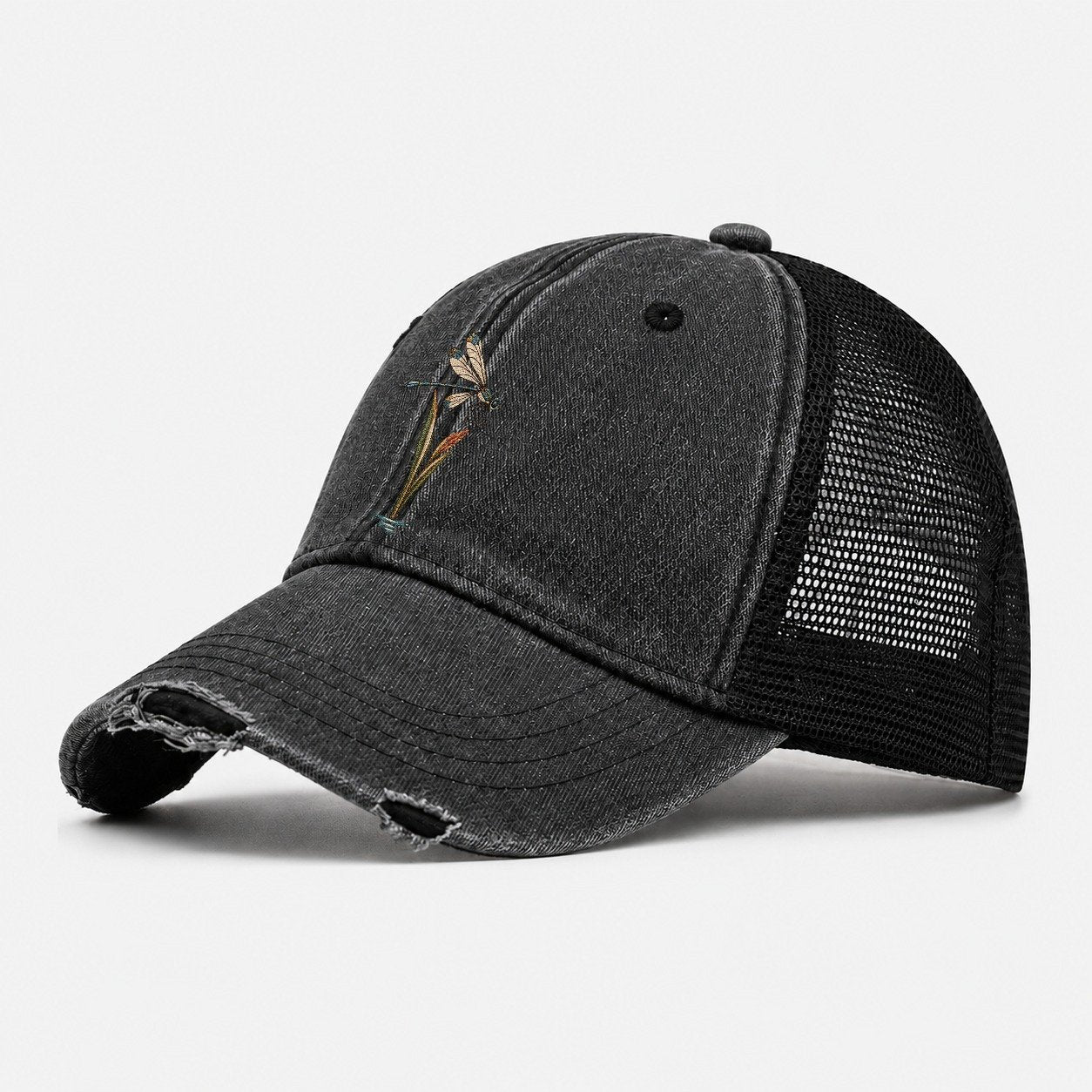 Damselfly Reed Reflection Gentle Wild Washed Trucker Hat – Black