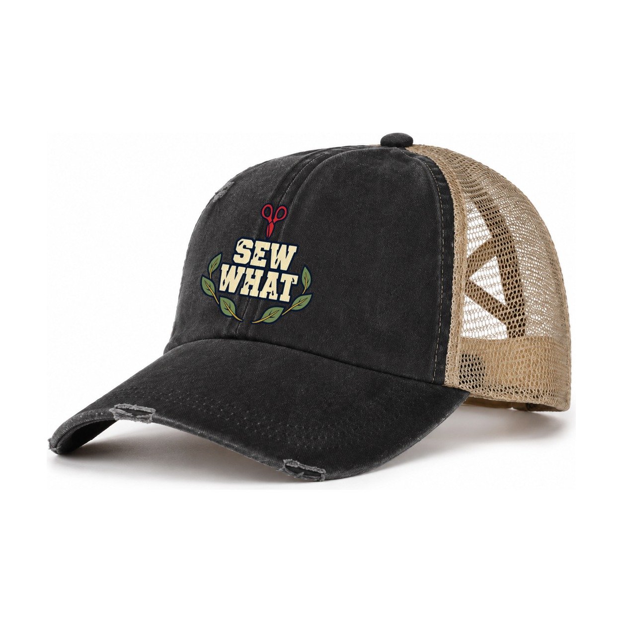 Sew What Sewing And Quilting Women's Ponytail Trucker Hat – Washed Black Khaki