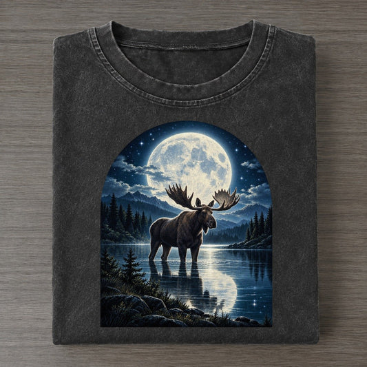 Moose At The Lake Moon Country Vintage T-shirt – Black