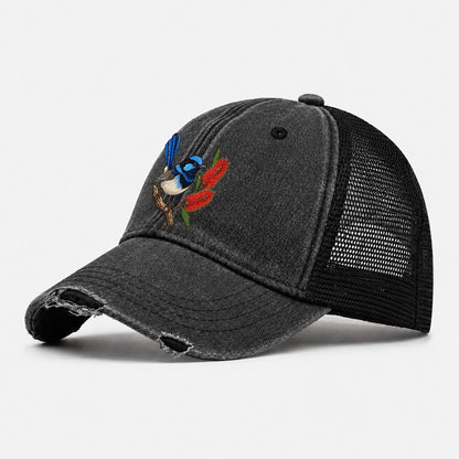 Superb Fairywren And Bottlebrush Australia Cultural Icons Washed Trucker Hat – Black